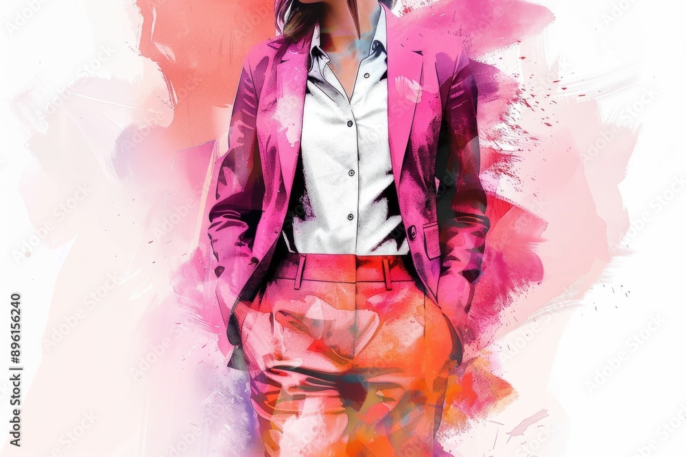 Fototapeta premium A businesswoman in a pink suit and white shirt, posing confidently