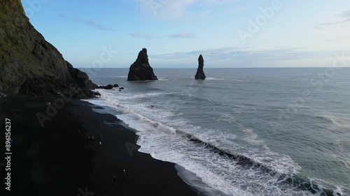 Aerial top view of wave of Black Sand Beach Reynisfjara in Iceland.