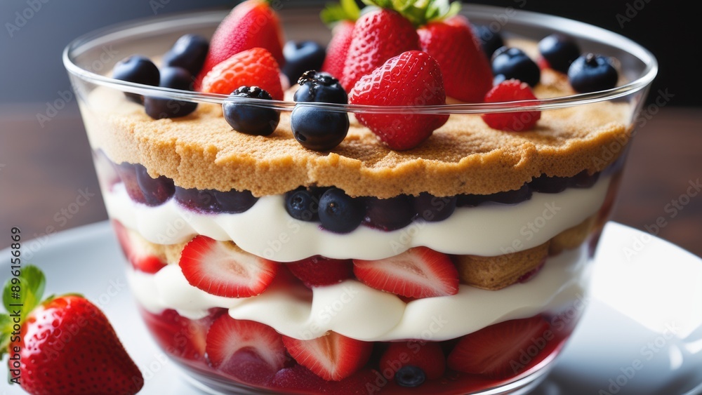 Tall layered dessert crisp base whipped cream strawberries blueberries and fresh strawberries along sides topped with mint leaves. Tall layered dessert crisp base whipped cream strawberries blueberries and fresh strawberries along sides topped with mint leaves.