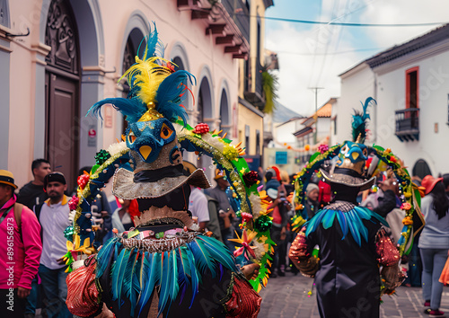 Traditional carnival parade, La Ronda Street, historical center of Quito, Ecuador