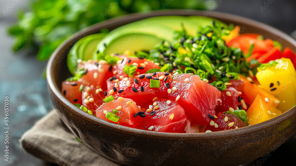 a vibrant poke bowl with fresh tuna, avocado, and colorful vegetables, captured in natural light. a vibrant poke bowl with fresh tuna, avocado, and colorful vegetables, captured in natural light.
