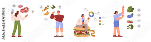Set of food products and people counting calories flat style