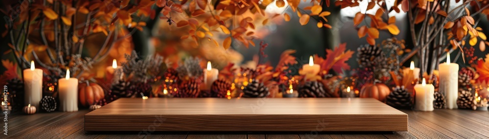 Cozy autumn scene with candles and foliage on a wooden table, perfect for seasonal celebrations or a warm, inviting atmosphere. Cozy autumn scene with candles and foliage on a wooden table, perfect for seasonal celebrations or a warm, inviting atmosphere.