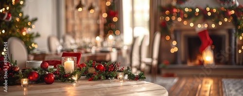 Cozy Christmas dining room decorated with festive ornaments, candles, and a lit fireplace, creating a warm holiday atmosphere.