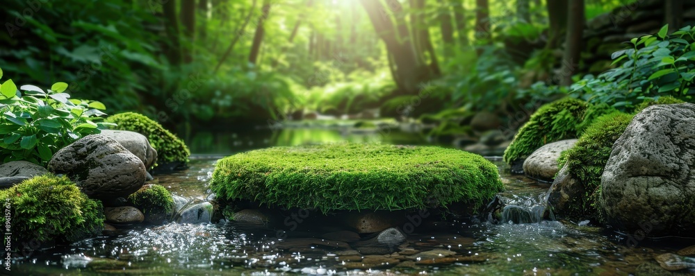 Serene forest stream with lush green moss, rocks, and sunlight filtering through trees, creating a tranquil nature scene. Serene forest stream with lush green moss, rocks, and sunlight filtering through trees, creating a tranquil nature scene.