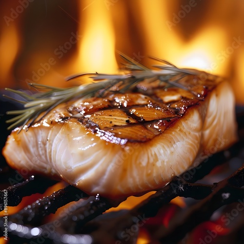a juicy fish steak on a grill, excellent source of zinc, protein-rich