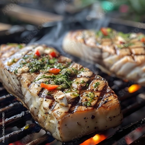 a juicy fish steak on a grill, excellent source of zinc, protein-rich
