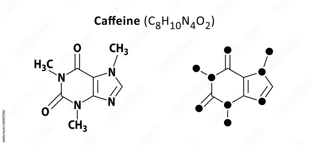Coffee, caffeine chemical structure, C8H10N4O2. Structural formulas ...