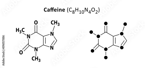 Coffee, caffeine chemical structure, C8H10N4O2. Structural formulas cell, cells molecules membranes atom atomic. Balance coffee concept. Line pattern. Caffain formula molecule. Atom concept.