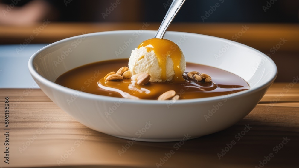 Creamy soup with whipped cream caramel sauce and chopped almonds for a textured flavor experience. Creamy soup with whipped cream caramel sauce and chopped almonds for a textured flavor experience.