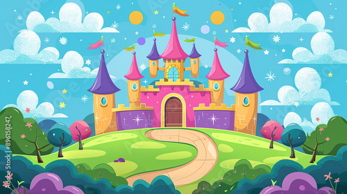 Whimsical fairy tale castle with turrets and banners, vibrant colors, magical settingVector illustrations photo