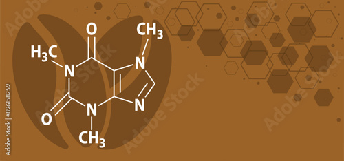 Coffee, caffeine chemical structure, C8H10N4O2. Structural formulas cell, cells molecules membranes atom atomic. Balance coffee concept. Line pattern. Caffain formula molecule. Atom concept.