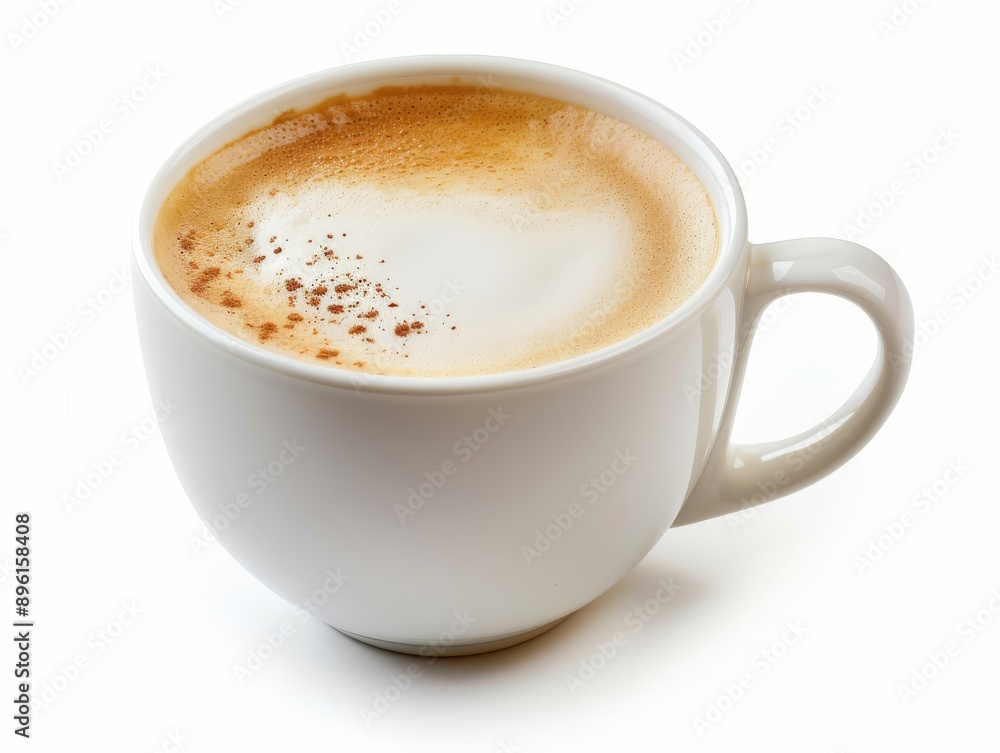 A cappuccino with latte art in a white cup on a white background A cappuccino with latte art in a white cup on a white background