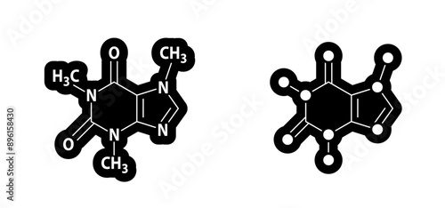 Coffee, caffeine chemical structure, C8H10N4O2. Structural formulas cell, cells molecules membranes atom atomic. Balance coffee concept. Line pattern. Caffain formula molecule. Atom concept.