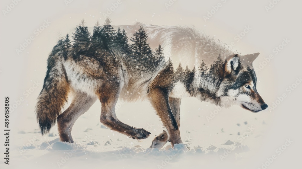 Fototapeta premium A watercolor painting of a wolf walking through a snowy forest
