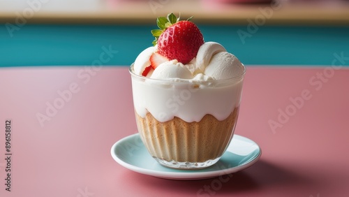 Colorful cupcake with whipped cream strawberry and blue rimmed plate on wooden surface. photo