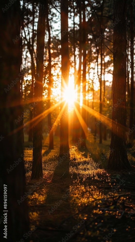 Obraz premium Sunlight streams through trees in a forest at sunset