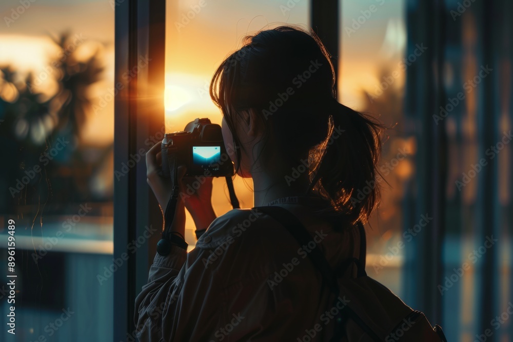 A photographer captures the sunset through a window, silhouetted against the warm glow. The camera's screen shows a glimpse of the view. A photographer captures the sunset through a window, silhouetted against the warm glow. The camera's screen shows a glimpse of the view.