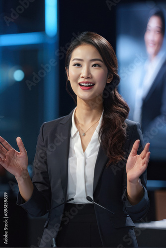 Confident Speaker: Asian Businesswoman Captivates Audience with Engaging Presentation. Asian Woman Delivers Compelling Presentation to Audience. generative AI © EVISUAL