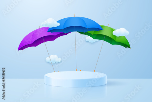 Monsoon sale podium template. Background with podium and clouds, autumn illustration with colorful umbrellas. Vector illustration.