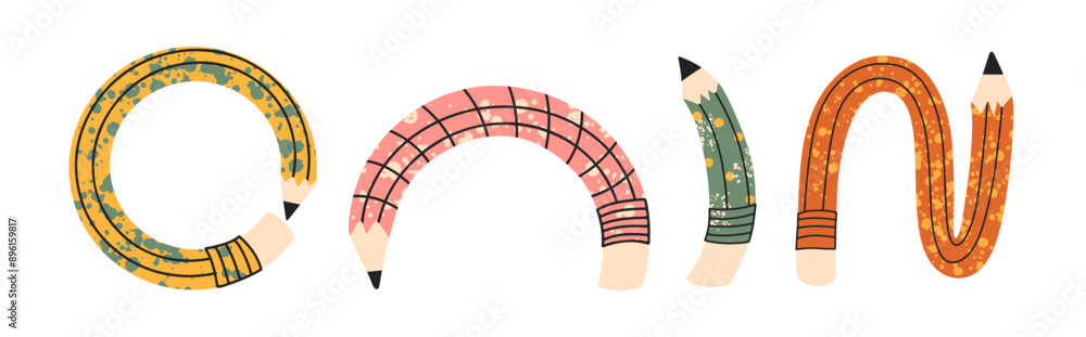 A set of bendable art pencils with texture. School or office vector hand draw icons A set of bendable art pencils with texture. School or office vector hand draw icons