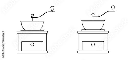 Cartoon old coffee grinder or coffee mill. Size grinding machine. For roasted beans. Coffee bean grind, size chart grains. For mug or cup. For coffee percolator. Size Grinding progress bar, loading.
