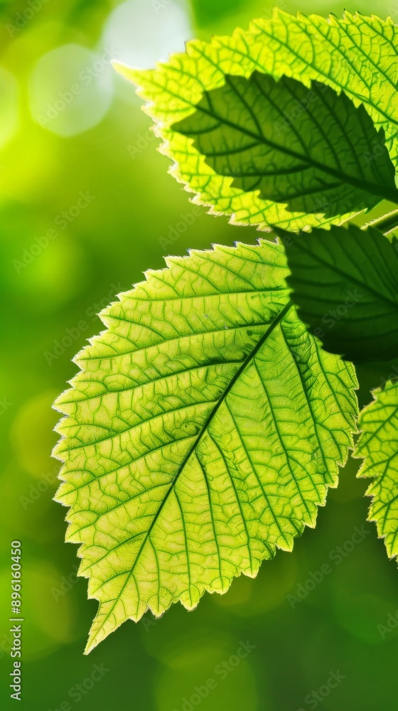 A single, lush leaf bathed in sunlight against a blurred green background A single, lush leaf bathed in sunlight against a blurred green background