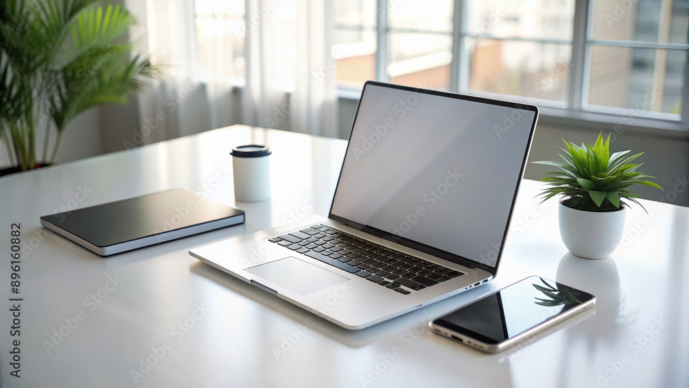 Modern laptop and smartphone devices placed on a sleek white table, surrounded by empty space, highlighting their sleek designs and cutting-edge technology. Modern laptop and smartphone devices placed on a sleek white table, surrounded by empty space, highlighting their sleek designs and cutting-edge technology.