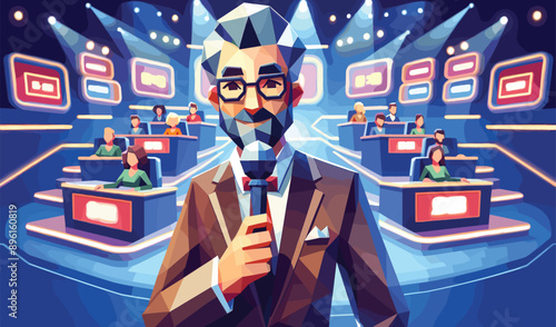 Low polygon of host of quiz game show ,character in game show studio, old man holding microphone and asking question, vector illustration
