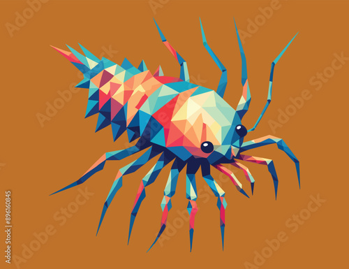 Geometric low polygon of copepod or isopod isolated on brown background, vector illustration, animal theme