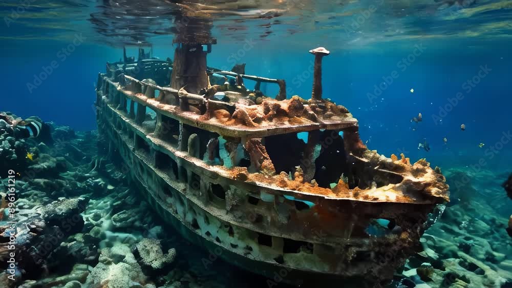 Underwater shipwreck surrounded by vibrant coral reefs and colorful ...