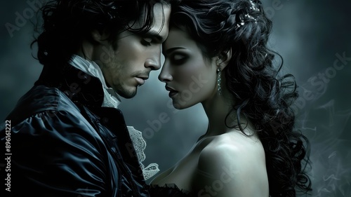 Romantic couple in dark, gothic attire embracing intimately with intense expressions set against a moody background.