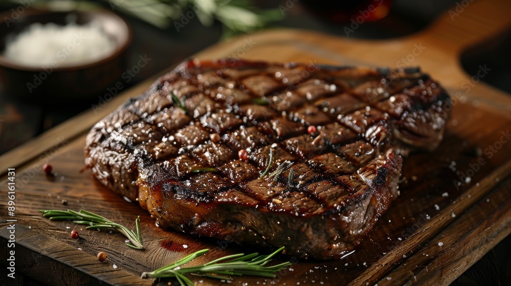 A gourmet steakhouse setting with a perfectly grilled porterhouse steak on a wooden cutting board A gourmet steakhouse setting with a perfectly grilled porterhouse steak on a wooden cutting board