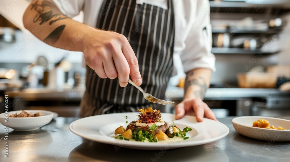 Close-up of a chef plating a gourmet dish in a professional kitchen, wearing a striped apron. The dish features finely arranged ingredients and garnishes. Close-up of a chef plating a gourmet dish in a professional kitchen, wearing a striped apron. The dish features finely arranged ingredients and garnishes.