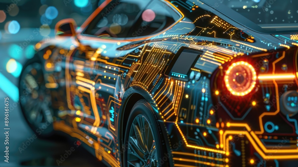 Futuristic circuit board patterns on a tech showcase car. Futuristic circuit board patterns on a tech showcase car.