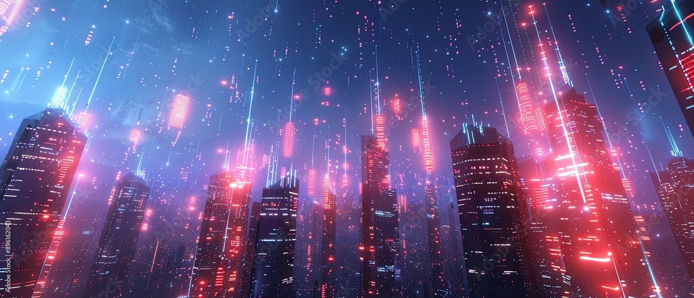 Futuristic city connected by glowing high-speed optical cables weaving through skyscrapers Futuristic city connected by glowing high-speed optical cables weaving through skyscrapers