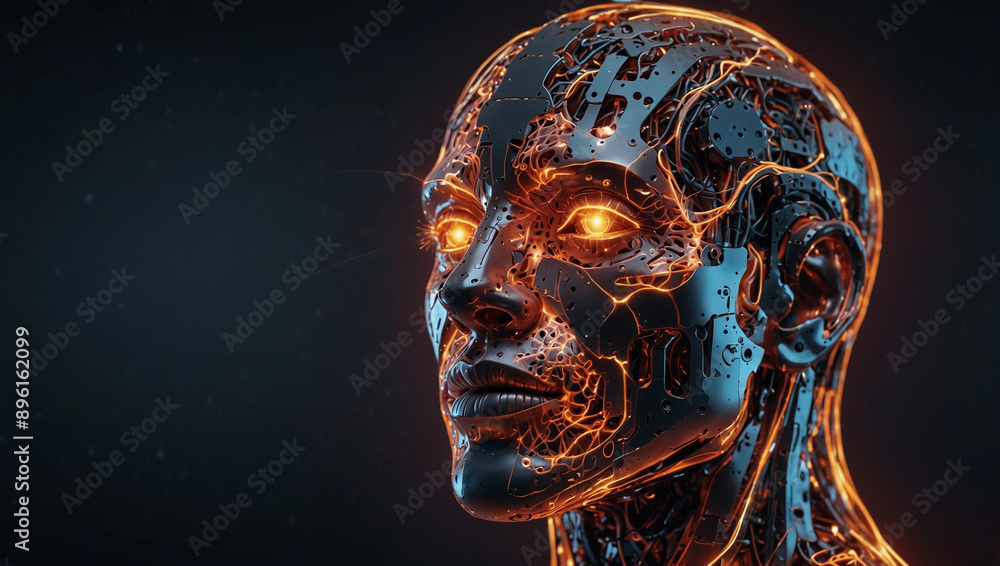 Futuristic cyborg android robot human appearance metallic body glowing network data, AI brain Futuristic cyborg android robot human appearance metallic body glowing network data, AI brain