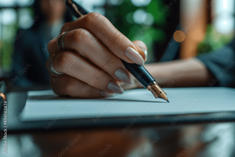 Businesswoman holding luxury pen writing on paper document Businesswoman holding luxury pen writing on paper document