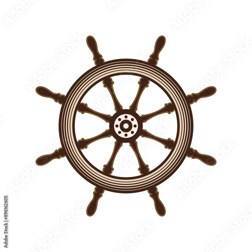 Wooden vintage steering wheels. Ship, sailboat or yacht retro wheel symbol. Nautical rudder icon. Marine logotype design element. Vector illustration