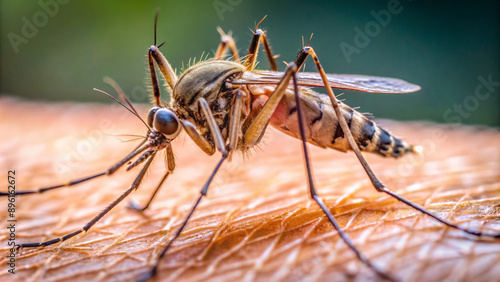 Macro closeup of a lone mosquito perched on human skin, its tiny legs and antennae visible against a blurred background of pores and skin texture. photo