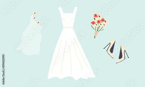 Fashion white bride dress, shoes and veil. Vector illustration
