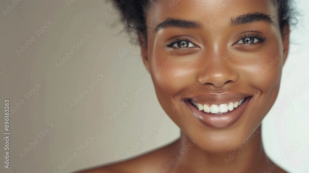 portrait of brunette woman with curly hair smiling at camera on gray background portrait of brunette woman with curly hair smiling at camera on gray background