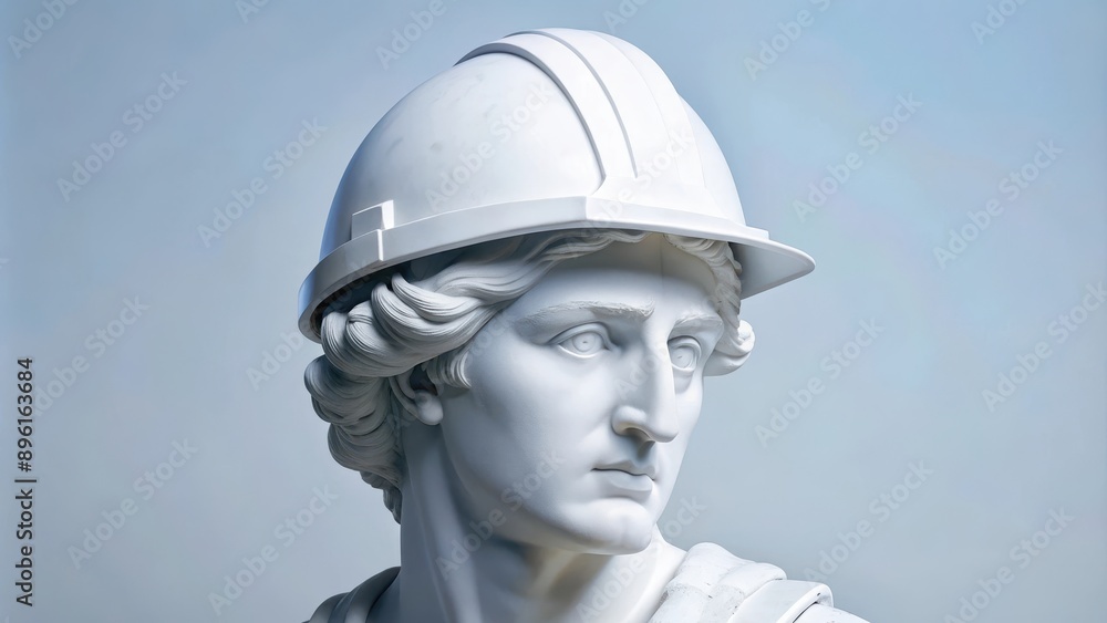 Obraz premium Classical marble sculpture wearing a modern hard hat, blending ancient art with contemporary safety equipment. Unique juxtaposition concept.