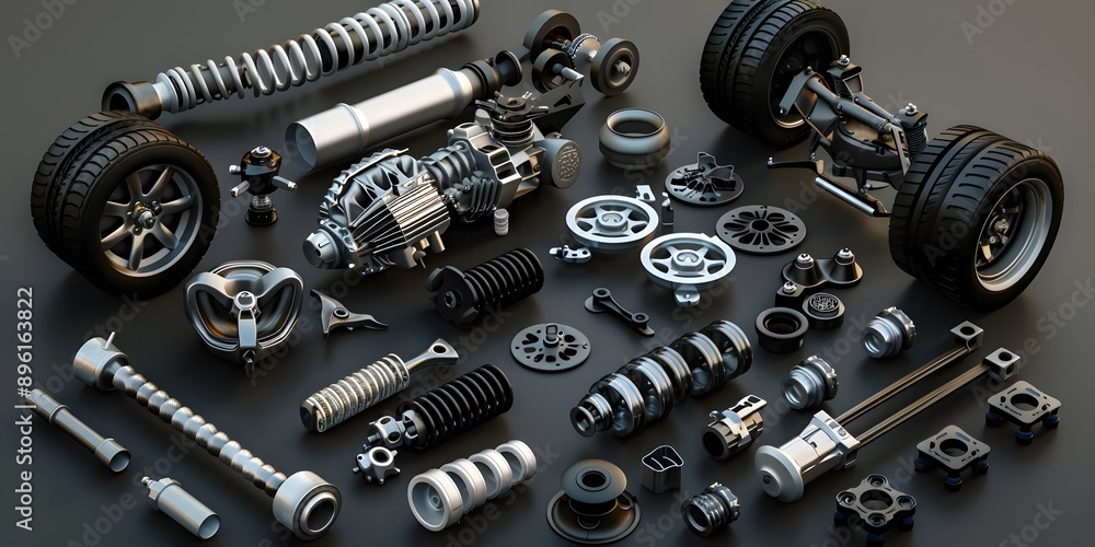 Automotive Symphony. Realistic close-up of assorted car parts showcasing engineering excellence Automotive Symphony. Realistic close-up of assorted car parts showcasing engineering excellence
