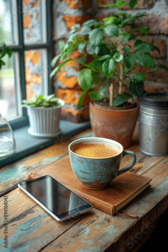 Wallpaper Mural Enjoying a coffee break at the office with plants and notebook Torontodigital.ca