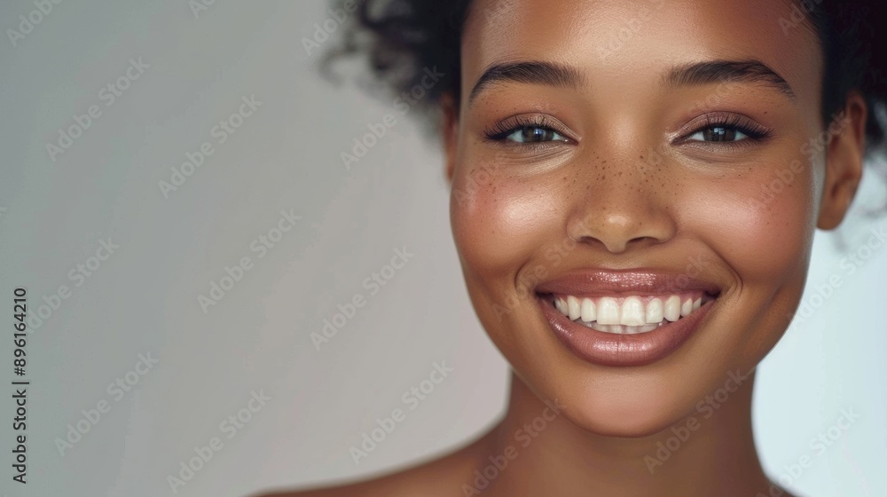 portrait of brunette woman with curly hair smiling at camera on gray background portrait of brunette woman with curly hair smiling at camera on gray background