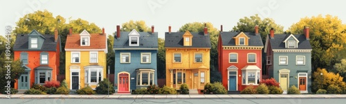 Wallpaper Mural Painting of a row of houses with a red door and a yellow door, real estate, banner Torontodigital.ca