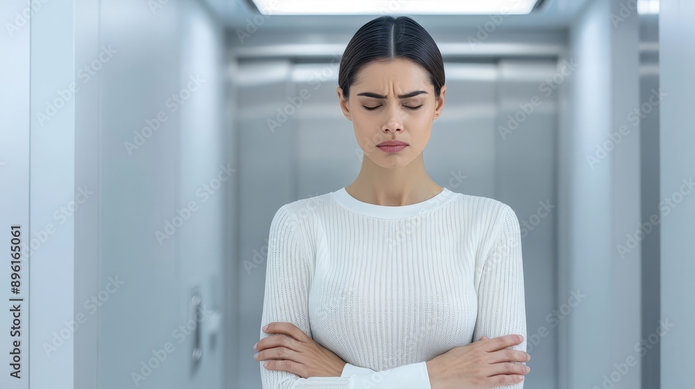 A woman is standing in a hallway with her arms crossed and a frown on her face A woman is standing in a hallway with her arms crossed and a frown on her face