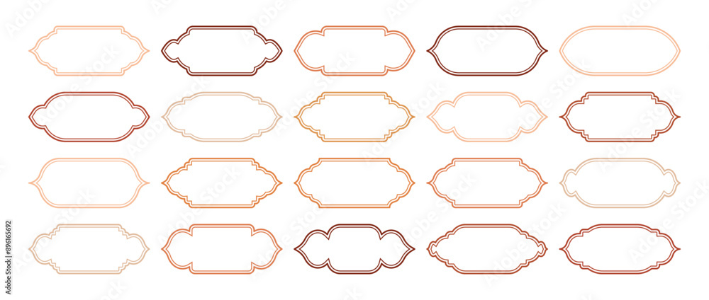 Obraz premium Islamic frames, oriental style objects. Arabic shapes, windows and arches. Traditional ornamental banner, frame. Muslim holidays, Ramadan Kareem. Modern eastern architecture. Vector illustration