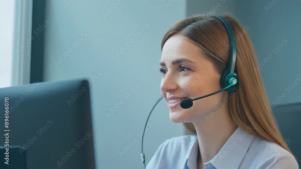 Smiling woman in headset working as a call center operator at her desk Smiling woman in headset working as a call center operator at her desk